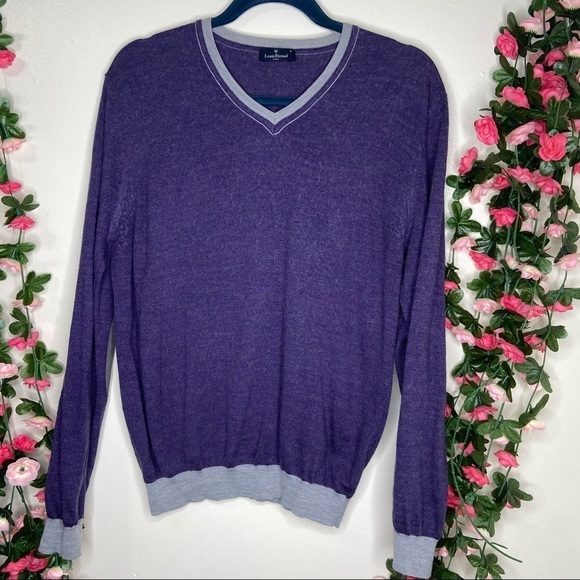 🌹Louis Feraud Paris Purple V-Neck Wool Men Sweater M Colorblock Elbow Patch - Picture 1 of 7